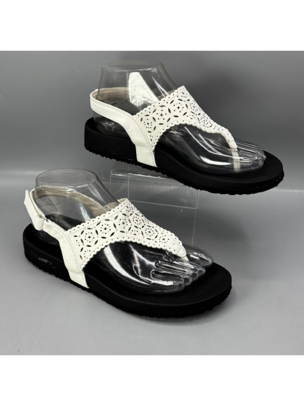 Skechers Arch Fit Meditation Sandals Womens 7.5 Black White Strappy Scalloped